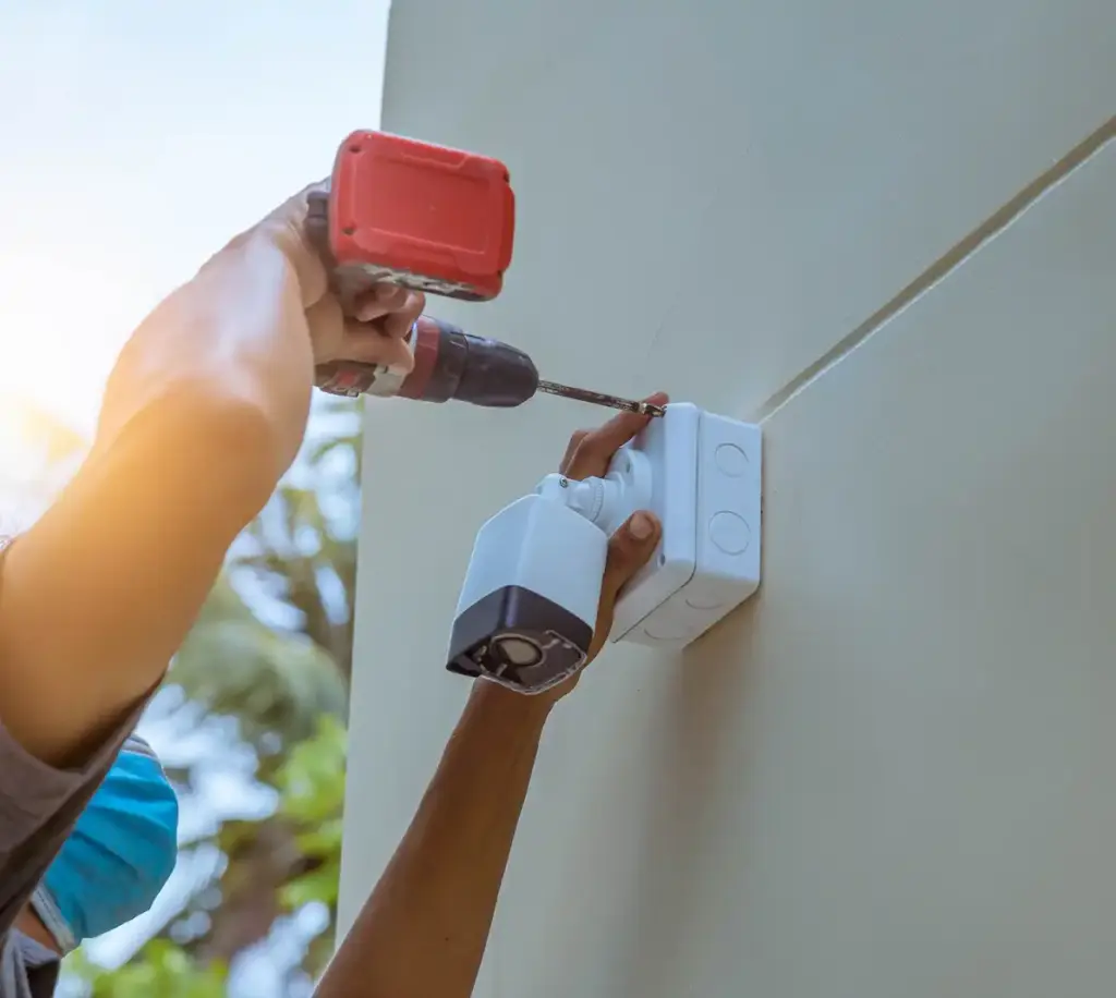 Installateur monteert een buitenshuis beveiligingscamera op een buitenmuur met een boormachine.